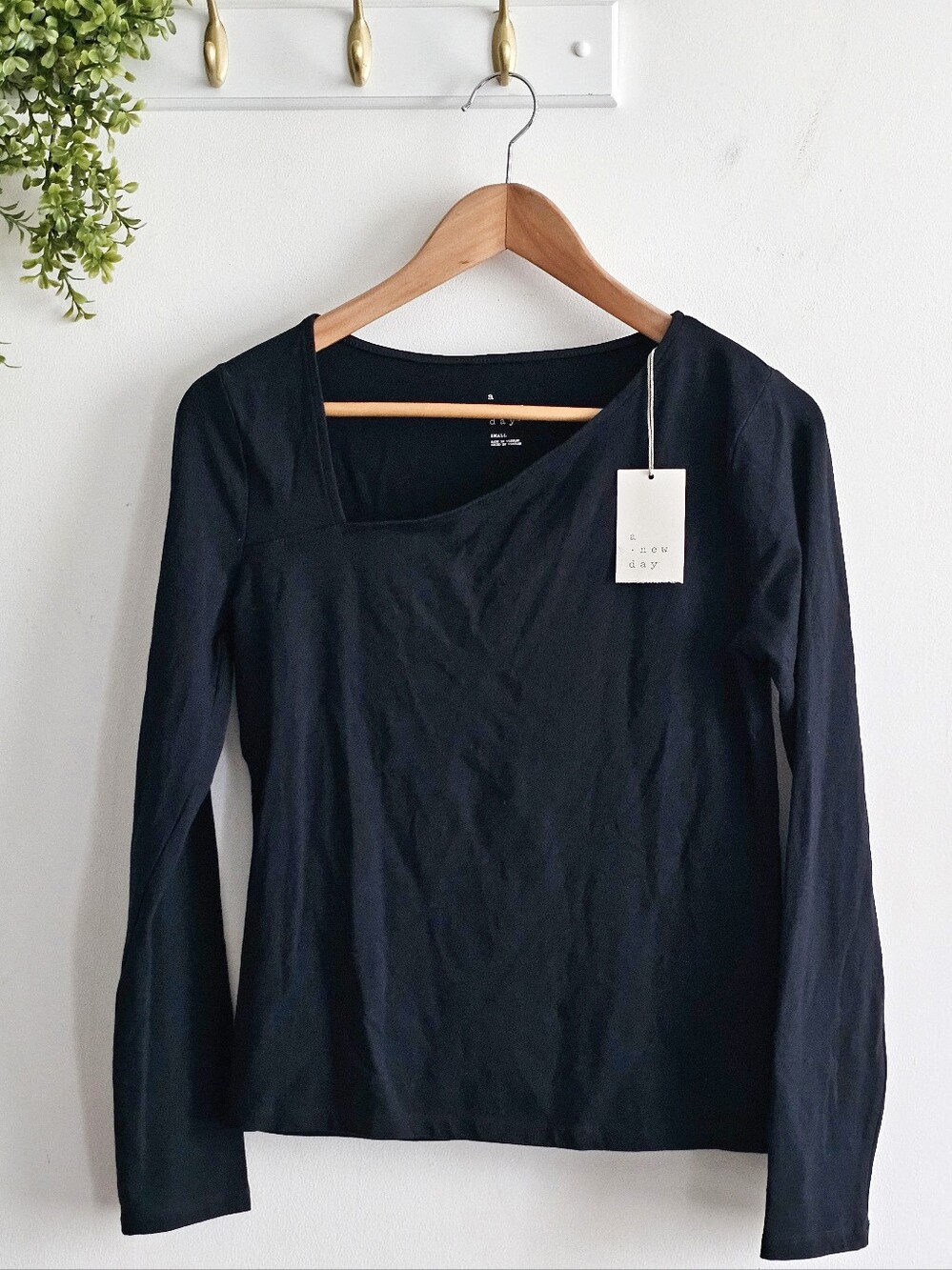 A New Day Black Asymmetrical Neck Long Sleeve Top Size Small NWT